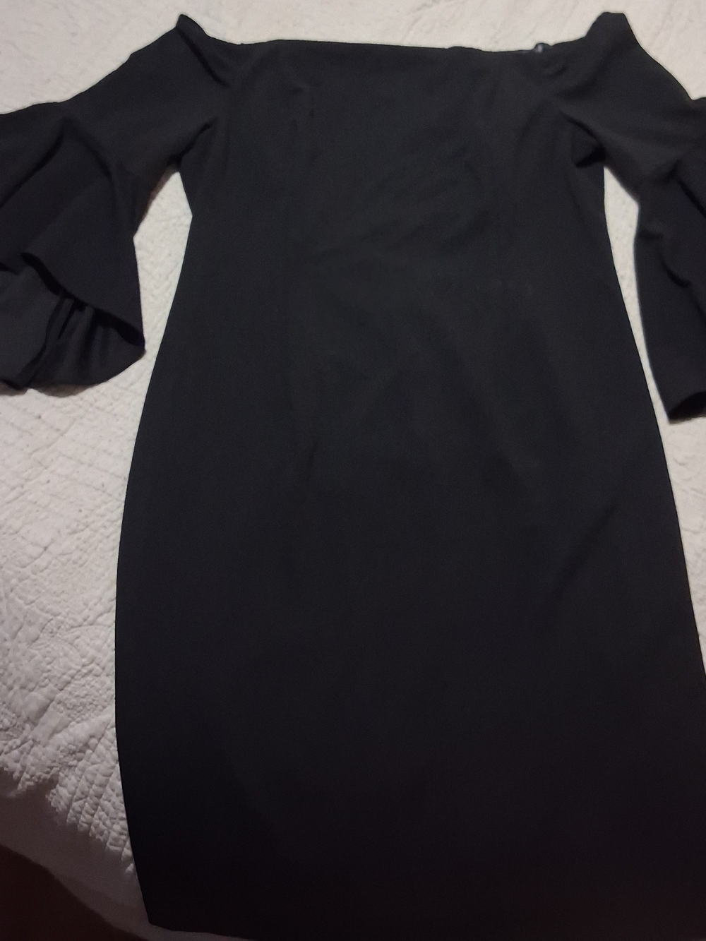 Clavin Klein Off-Shoulder Black Ruffle Bell-Sleeve Scuba-Crepe Dress